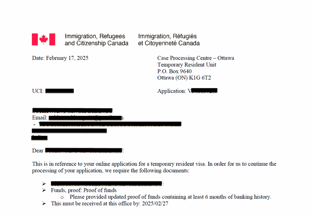 IRCC request for proof of funds on February 17, 2025 during Canada visitor visa case