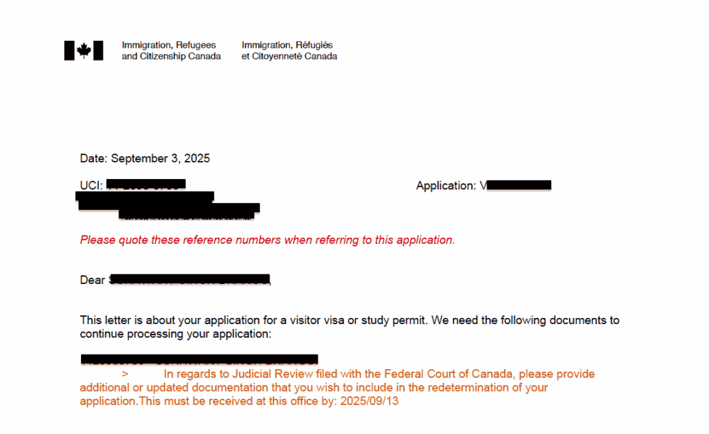 IRCC document request in September 2025 during Canada visitor visa refusal case handled by Fateh Law Corporation