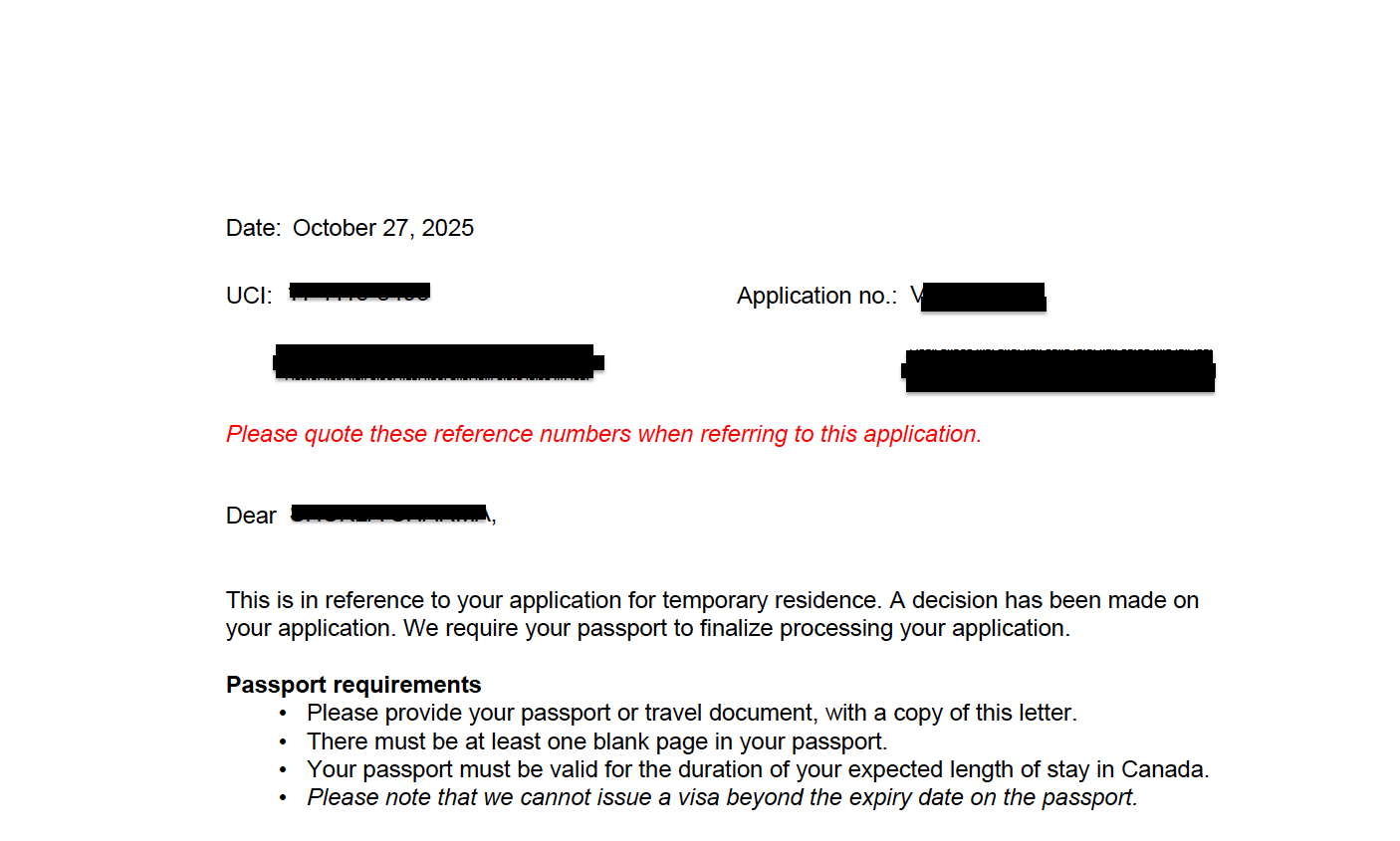 IRCC passport request letter for temporary residence application