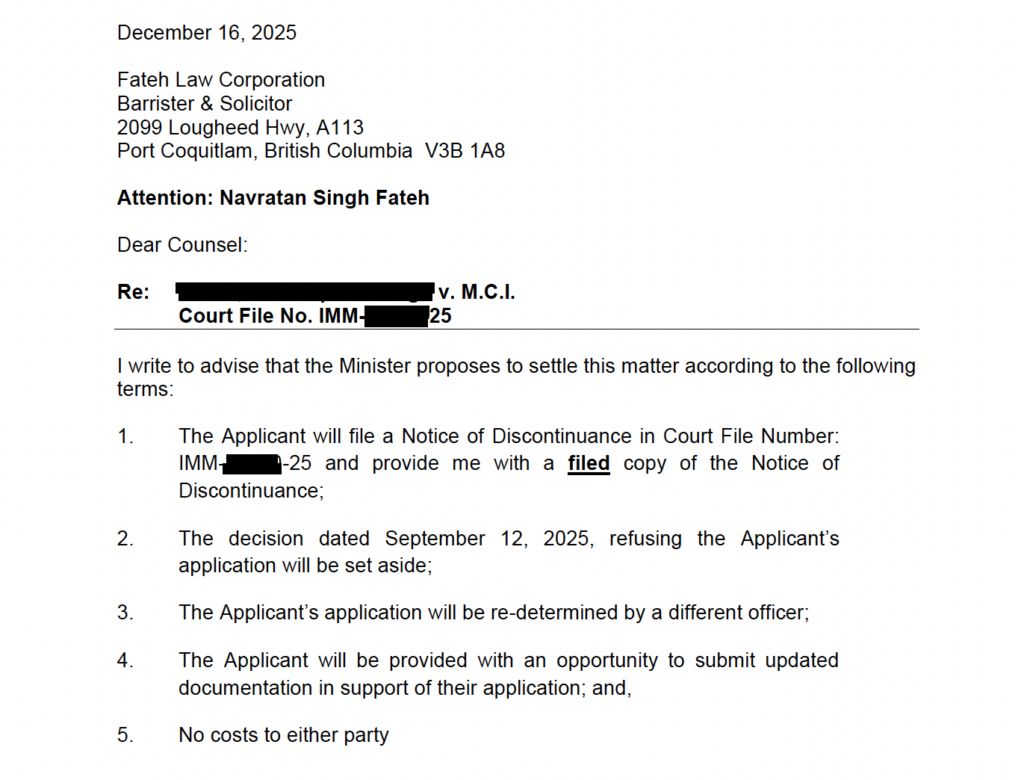 Department of Justice settlement proposal outlining reconsideration of a study permit refusal