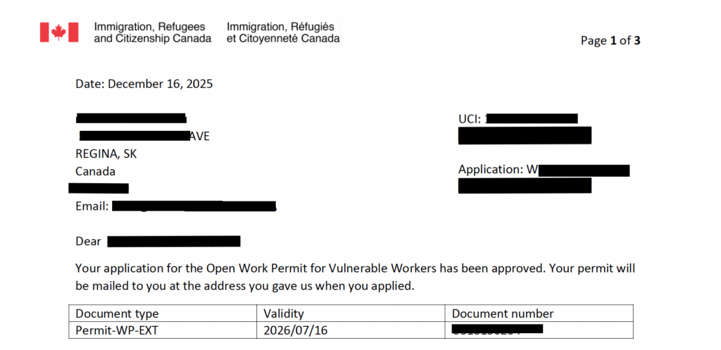 IRCC approval letter granting an open work permit for vulnerable workers after Federal Court proceedings