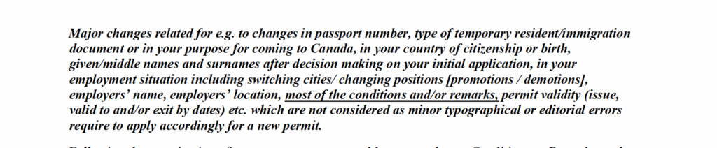IRCC letter explaining refusal to amend conditions on an open work permit and requirement to apply for a new permit