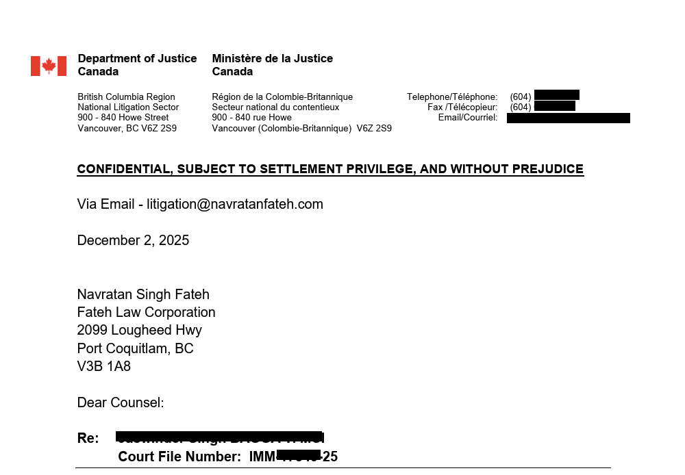 Department of Justice Canada settlement letter in Federal Court visitor visa case