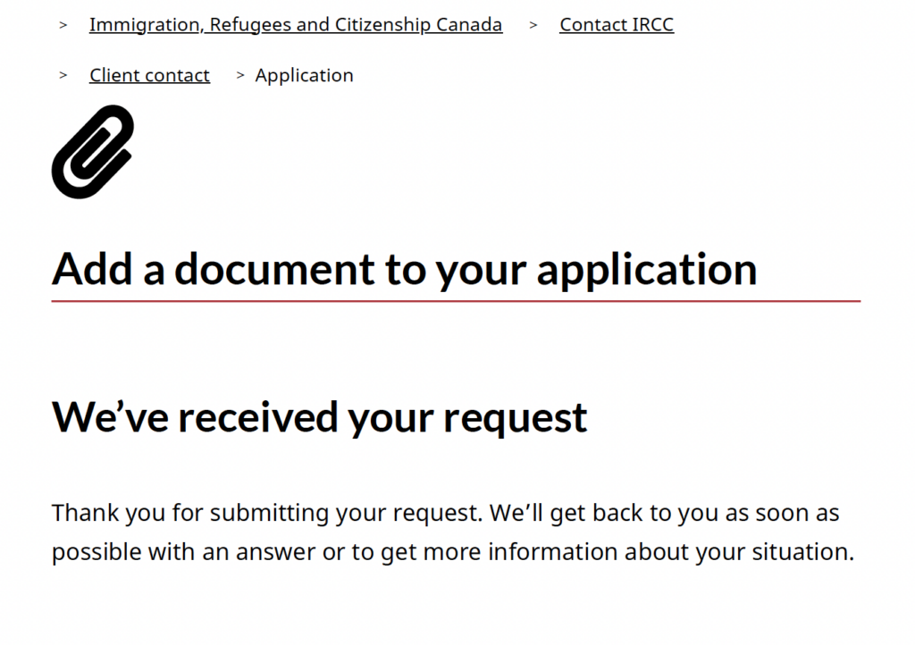 IRCC confirmation page acknowledging receipt of documents submitted through the contact form