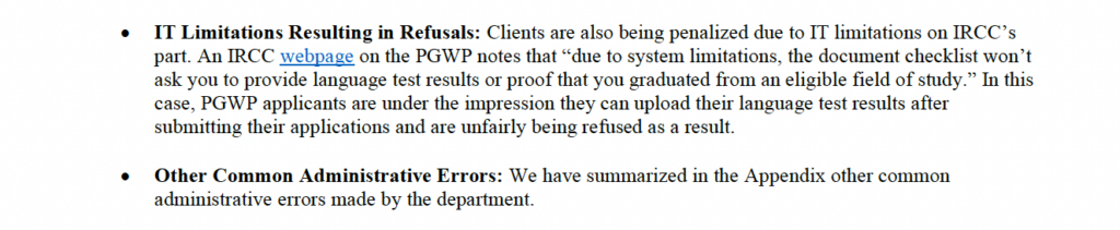 IRCC webpage explaining IT limitations in the Post-Graduate Work Permit document checklist leading to PGWP refusals