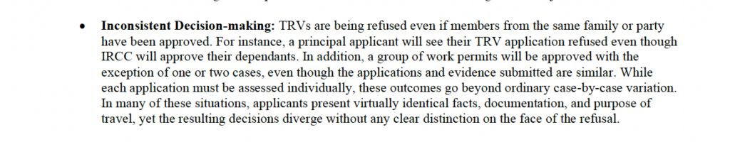 IRCC inconsistent decision-making where similar TRV and work permit applications receive different outcomes