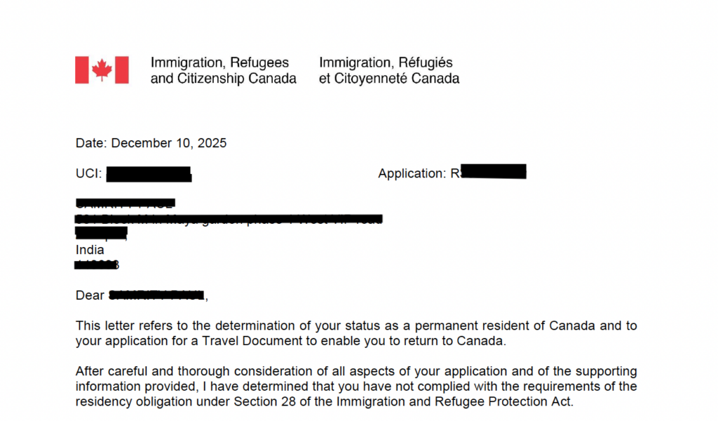 PRTD refusal decision issued under Section 28 of the Immigration and Refugee Protection Act