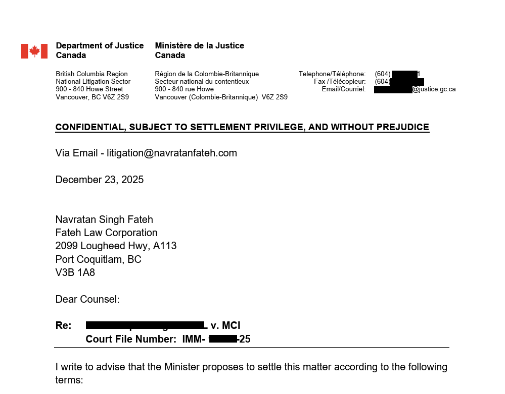 Department of Justice settlement letter confirming Federal Court resolution of LMIA-based work permit refusal