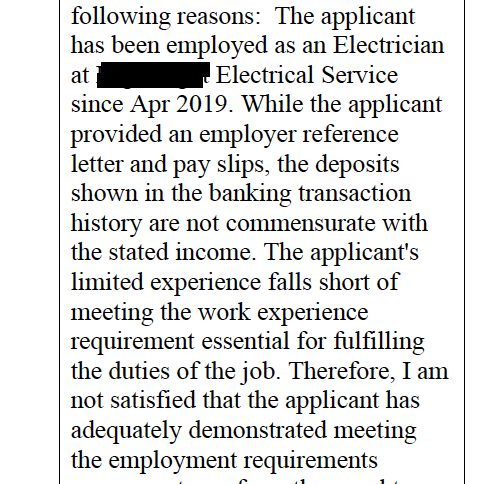 IRCC work permit refusal citing income mismatch and insufficient electrician experience