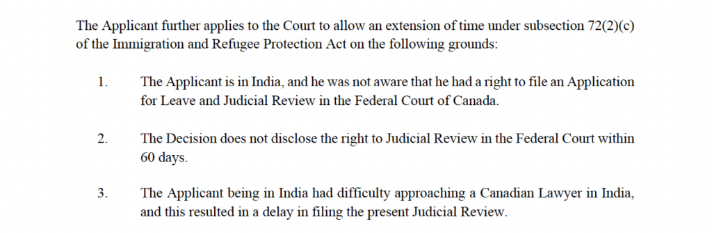 Extension of time arguments filed under section 72(2)(c) of the Immigration and Refugee Protection Act