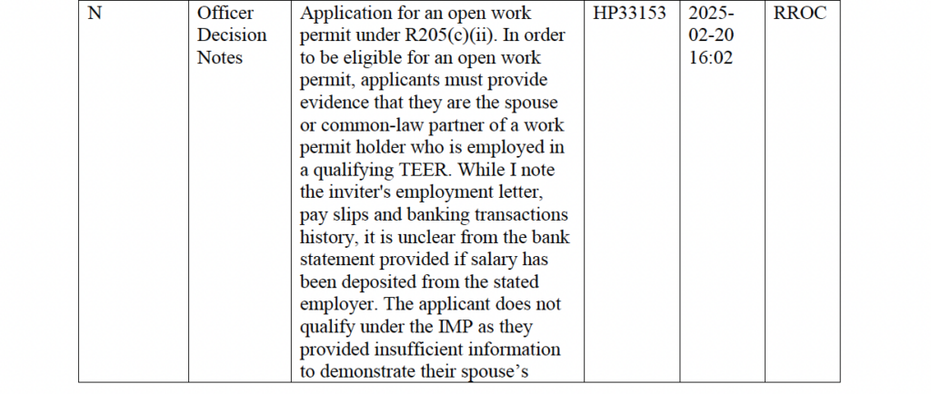 Officer decision notes refusing spousal open work permit under R205(c)(ii)