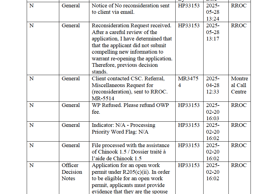 Canadian immigration refusal and reconsideration dates shown in IRCC officer notes