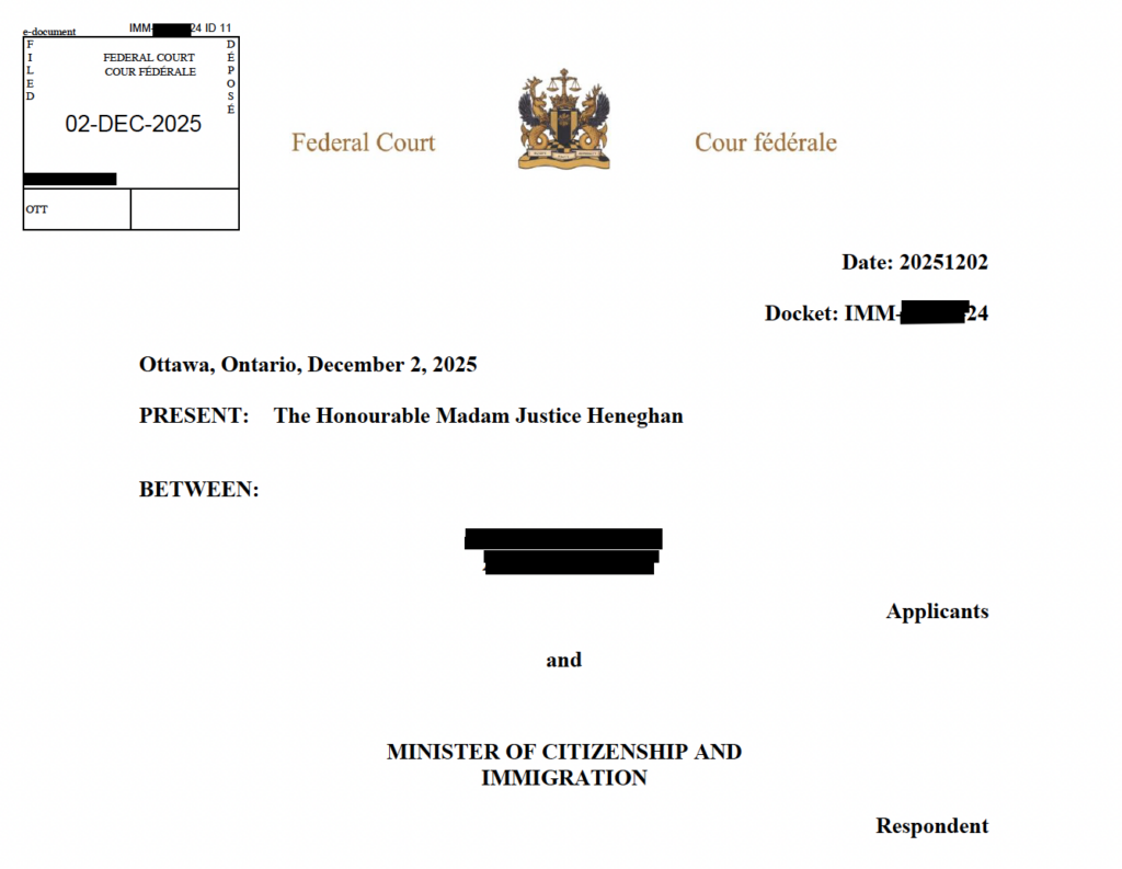 Federal Court of Canada filing order dated December 2, 2025 in immigration judicial review