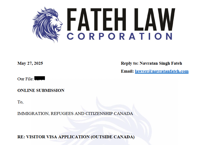 Visitor visa application submitted to IRCC on May 27, 2025 by Fateh Law Corporation