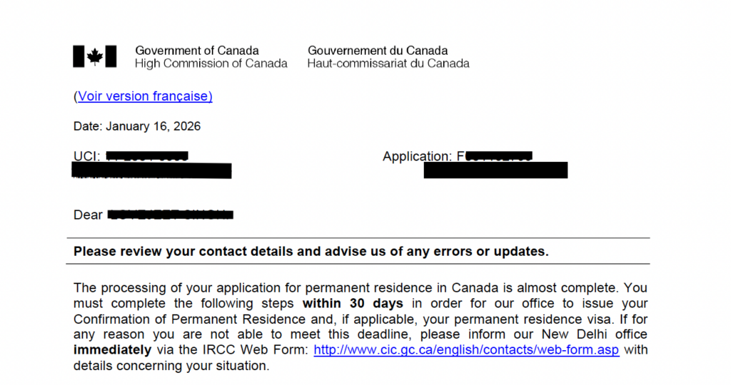 High Commission of Canada notice confirming permanent residence application processing is almost complete