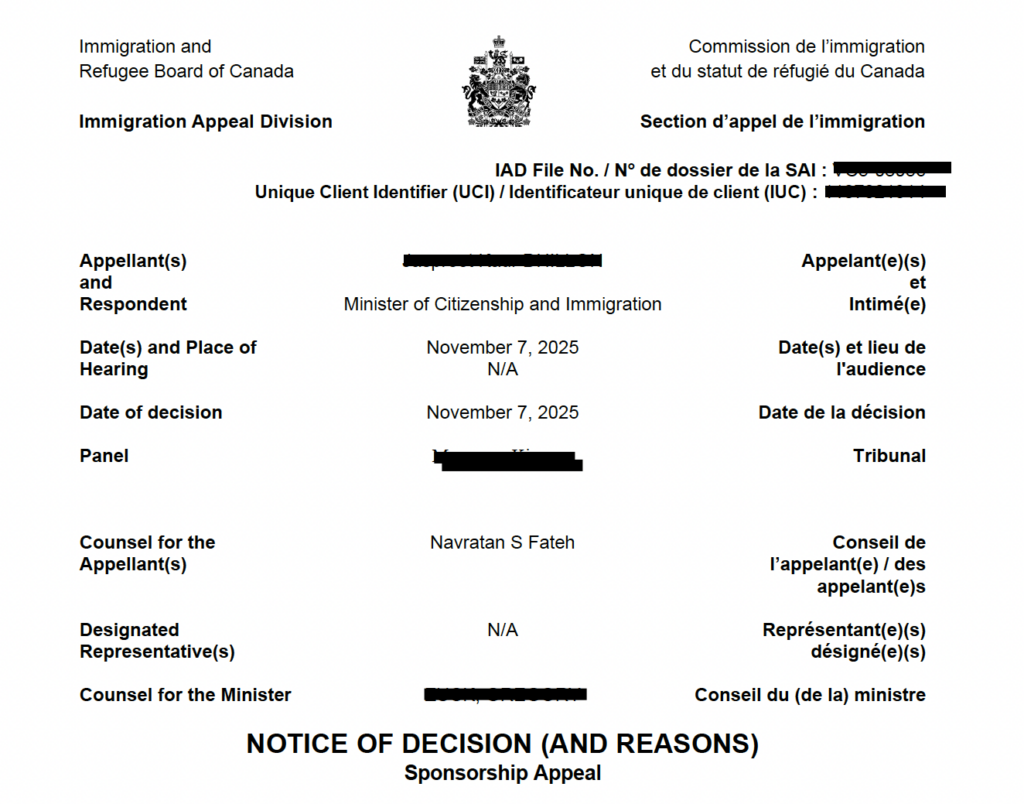 Immigration Appeal Division notice of decision for spousal sponsorship appeal