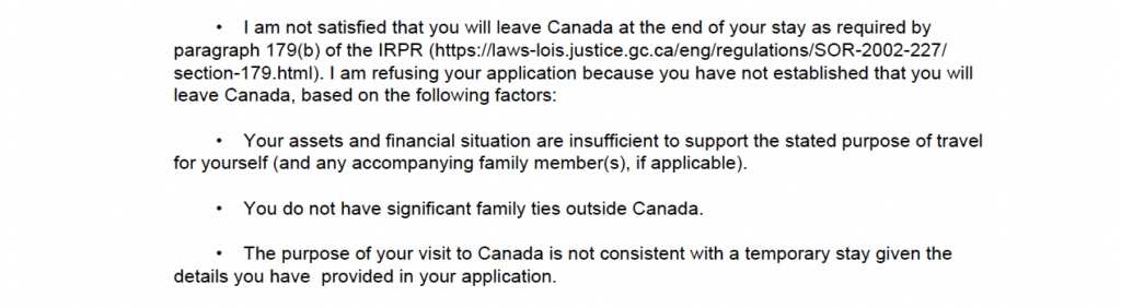 IRCC refusal reasons citing weak ties, insufficient finances, and failure to meet legal requirements