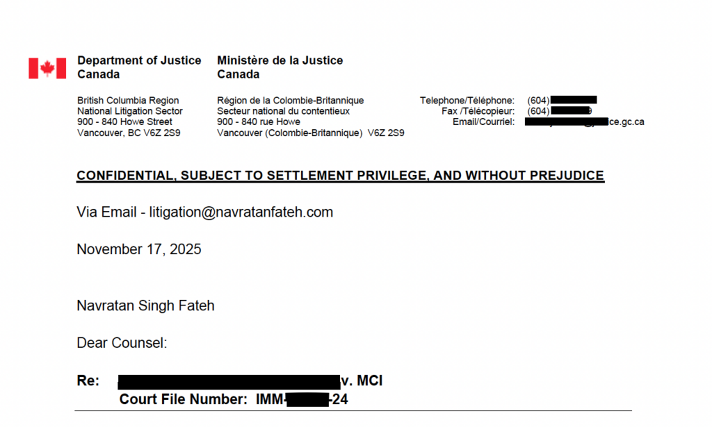 Department of Justice Canada settlement letter confirming resolution of Federal Court immigration case