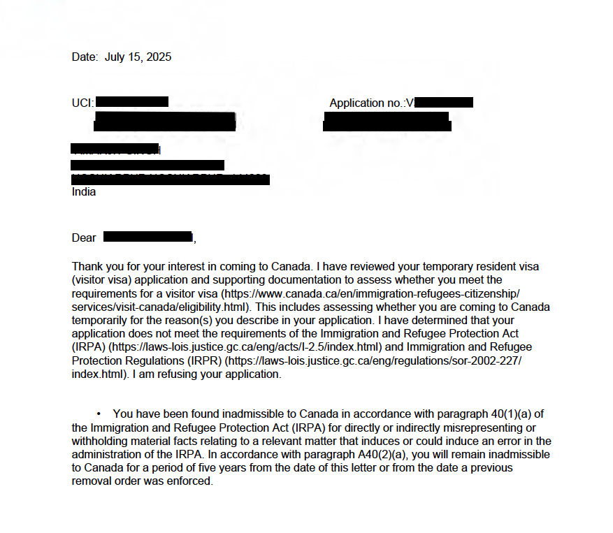 Canadian visa refusal letter showing misrepresentation ban under IRPA Section 40