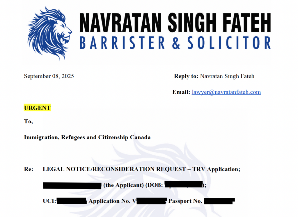 Legal notice requesting reconsideration of Canadian visitor visa refusal