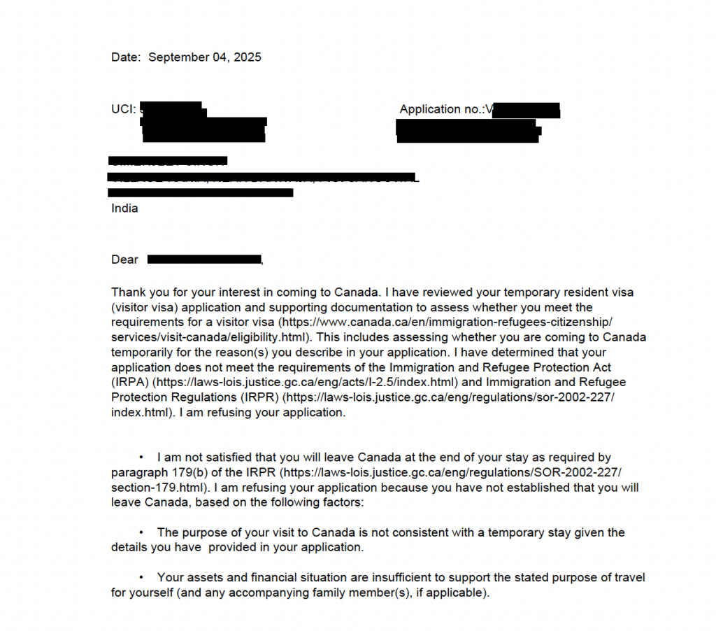 Canadian visitor visa refusal letter citing purpose of visit and financial reasons