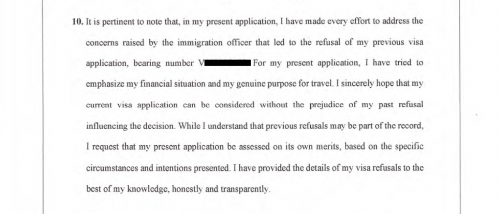 Applicant affidavit requesting fair assessment despite past visitor visa refusals