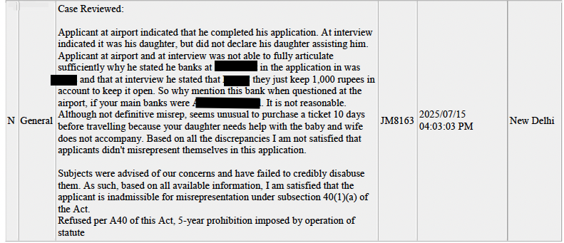 IRCC officer interview notes showing doubtful misrepresentation finding in visa refusal case