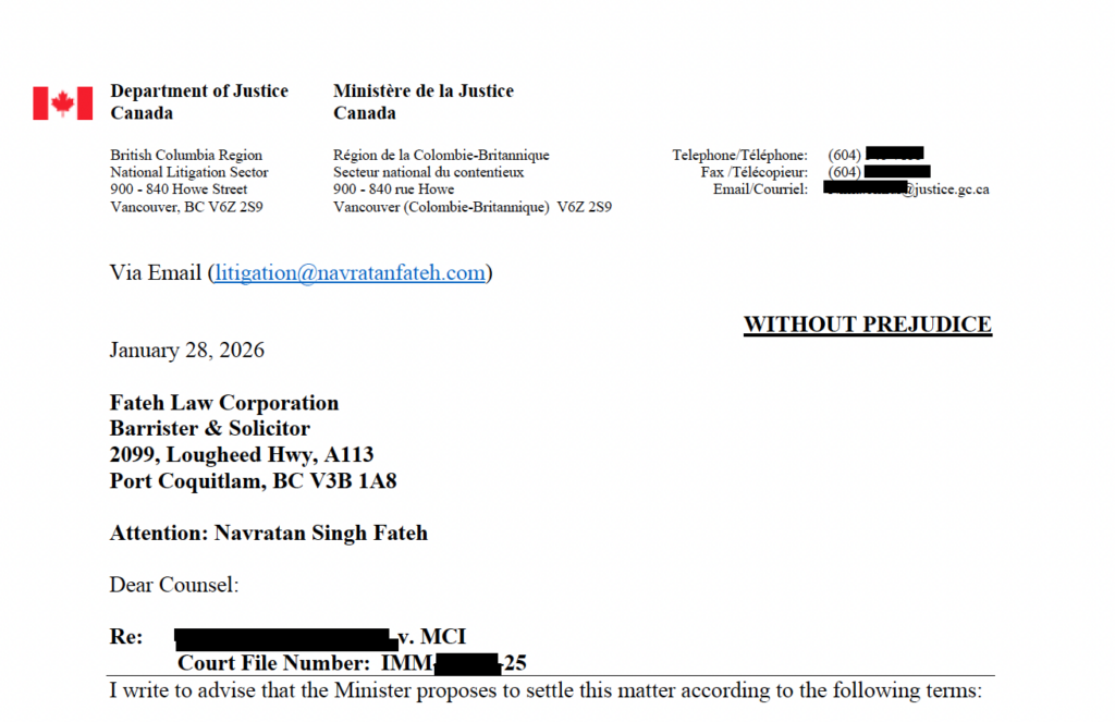 Department of Justice settlement letter in Canadian immigration misrepresentation case