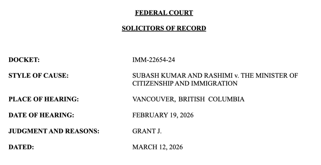 Federal Court of Canada case record showing docket IMM-22654-24, Kumar v Canada, judicial review hearing details, judge, and decision dates