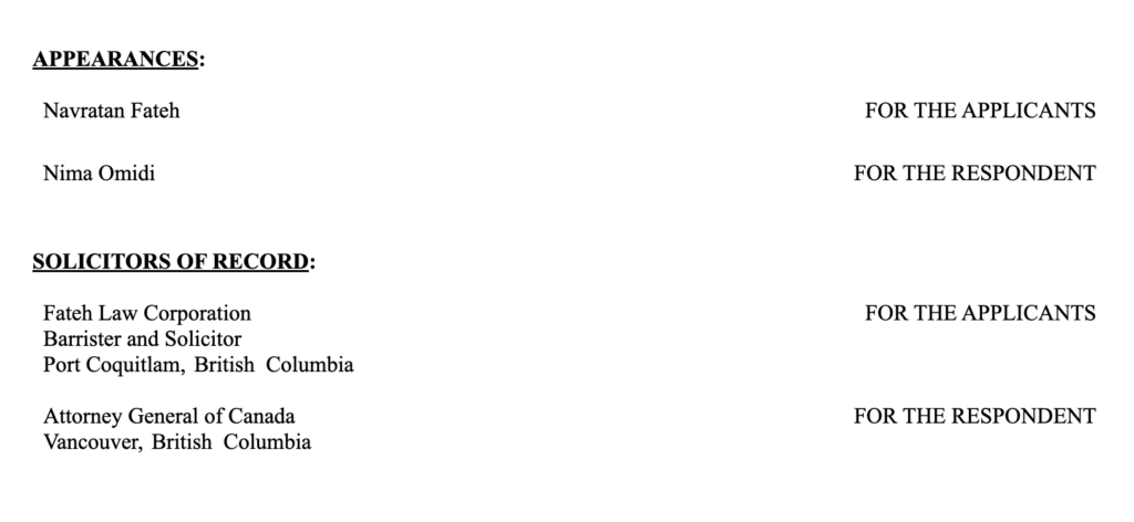 Federal Court record showing lawyers representing applicants and respondent in Kumar v Canada case