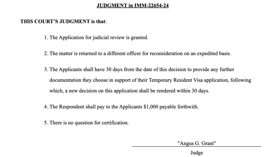 Federal Court judgment granting judicial review, ordering reconsideration and awarding $1000 costs in Kumar v Canada case