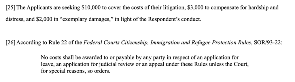 Federal Court decision excerpt showing cost claims and rules on awarding costs in judicial review cases