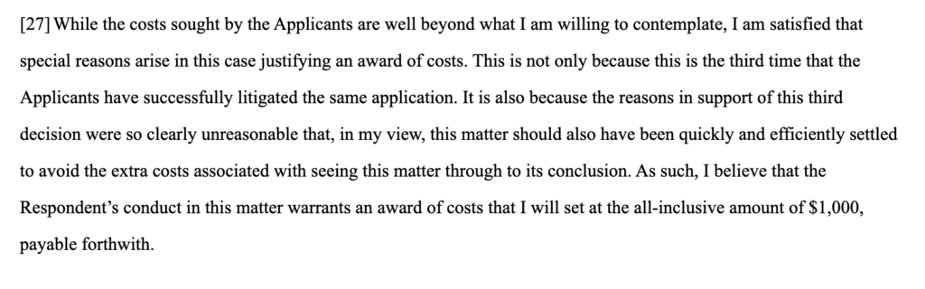 Federal Court decision awarding $1000 in costs due to unreasonable visa refusal decisions in Kumar v Canada case