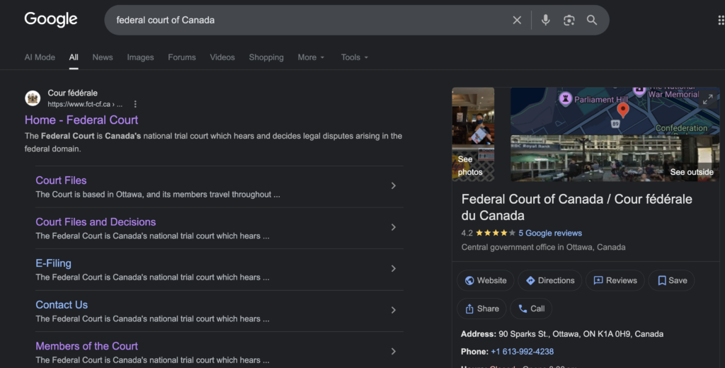 Google search results showing the Federal Court of Canada website for accessing court records and case information.