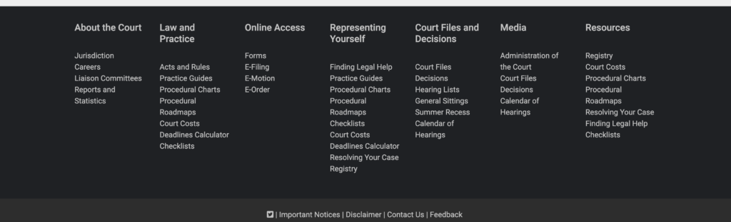 Federal Court of Canada website footer displaying the Court Files link under the Court Files and Decisions section.