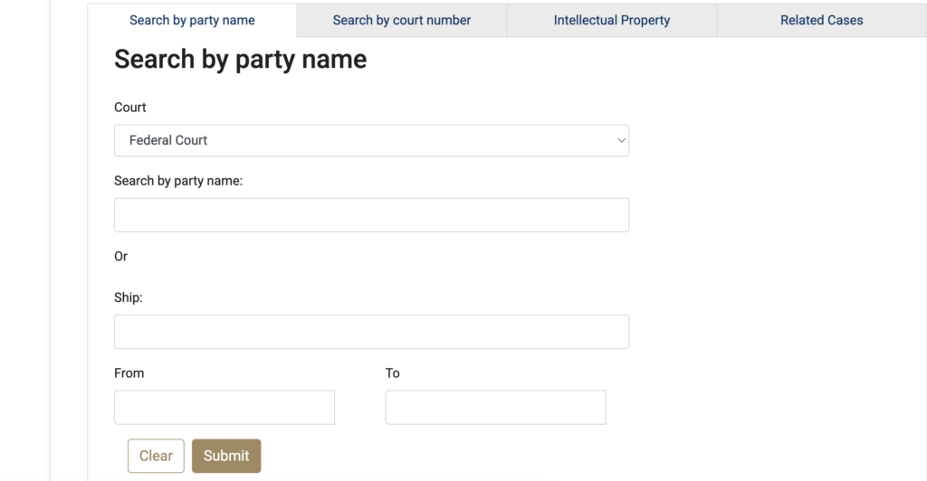 Search by party name in the Federal Court of Canada Court Files database.