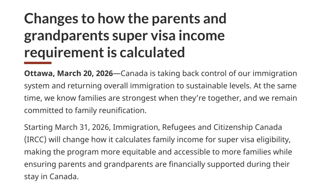 Official IRCC announcement introducing the new Canada Super Visa income calculation rules effective March 31, 2026.