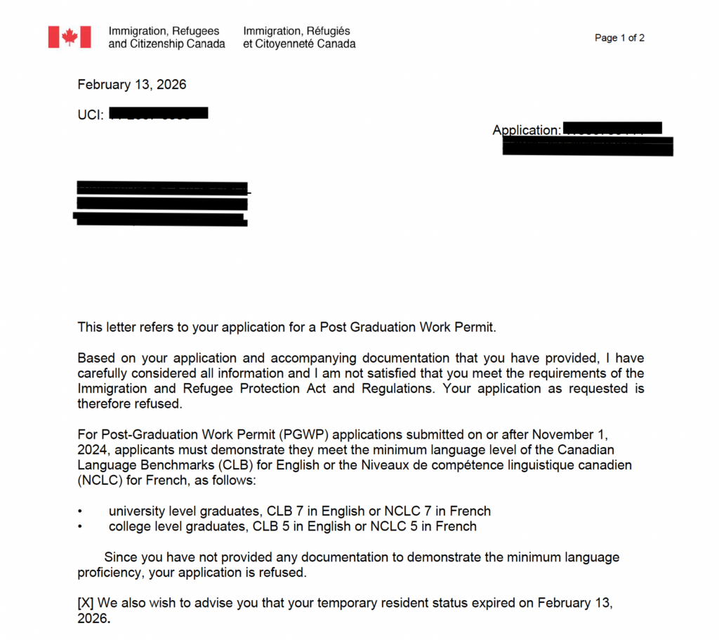 IRCC refusal letter for a Post-Graduation Work Permit (PGWP) application refused because language test results were not provided