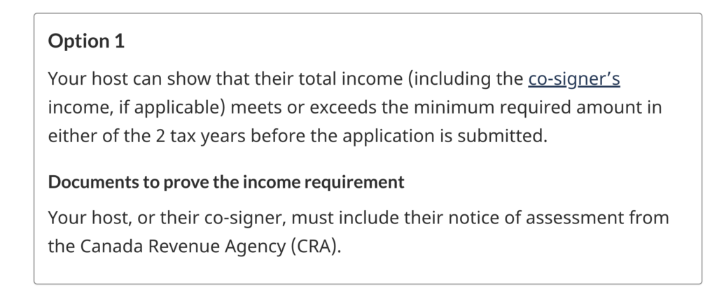 IRCC guidance explaining Super Visa Option 1, allowing Canadian hosts to meet the income requirement using either of the two tax years before the application.