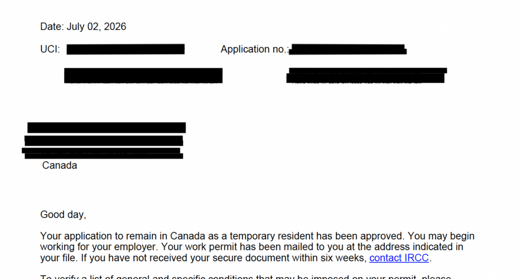 IRCC approval letter confirming approval of the client's Post-Graduation Work Permit application following reconsideration