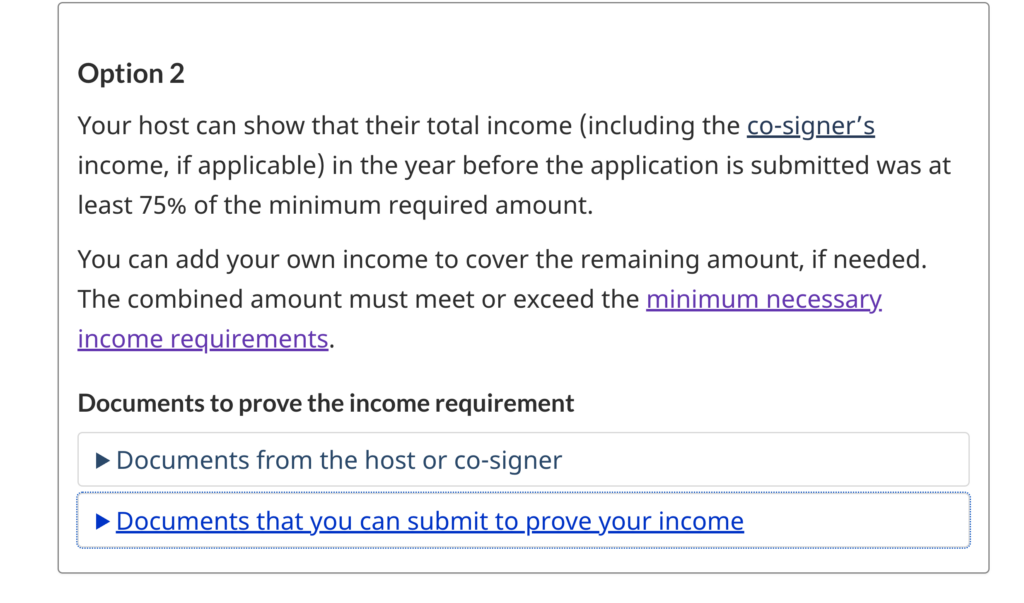 IRCC guidance explaining Super Visa Option 2, where eligible parents or grandparents can contribute their income after the Canadian host meets at least 75% of the required minimum income
