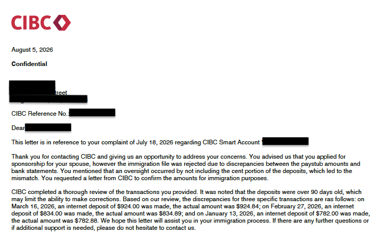 CIBC letter confirming pay deposit discrepancies on August 5, 2026