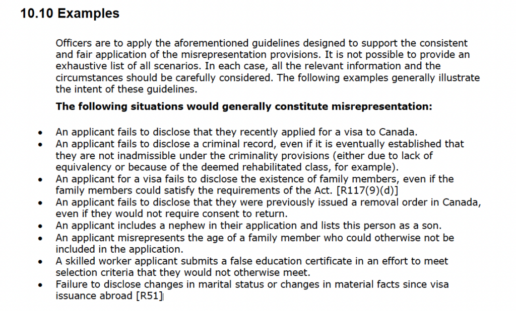 Historical ENF 2/OP 18 section 10.10 examples of Canadian immigration misrepresentation