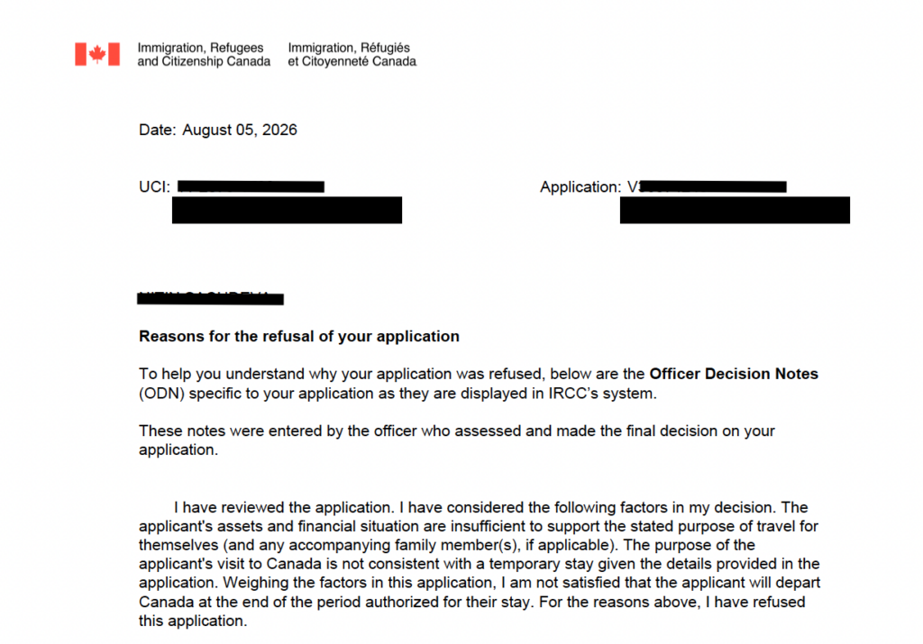 IRCC visitor visa refusal letter dated August 5, 2026