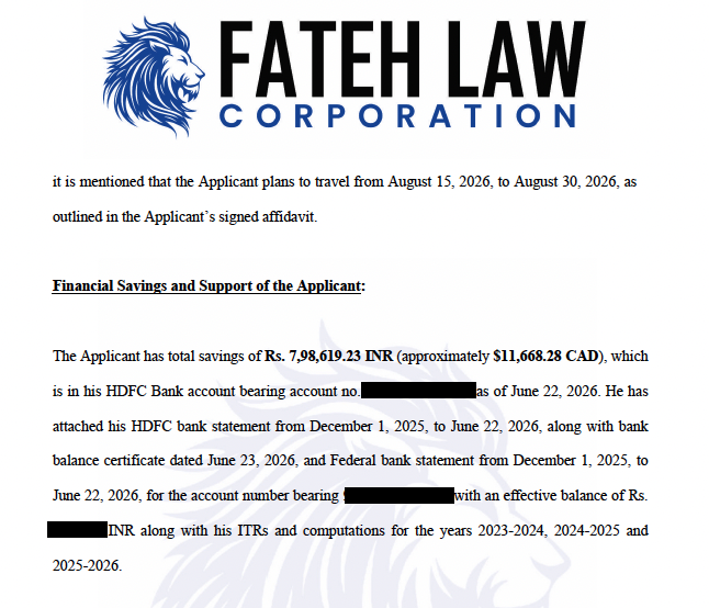 Applicant’s financial savings and bank statement evidence submitted in the Federal Court case