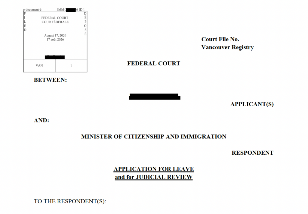 Federal Court of Canada judicial review application filed on August 17, 2026
