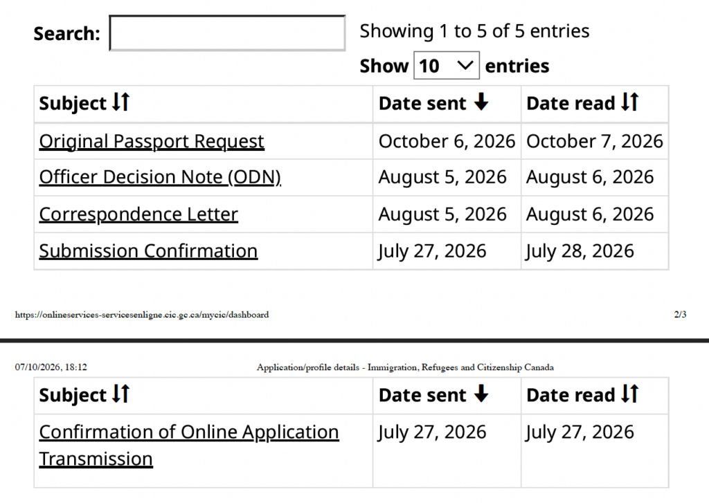 IRCC account screenshot showing original passport request on October 6, 2026